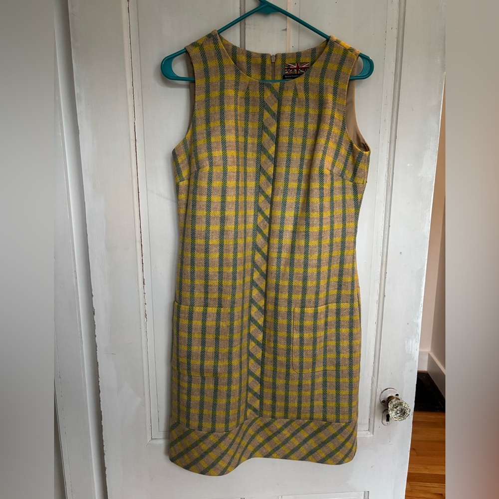 Boden (Tweed by Moon) 60’s-style Yellow/Tan/Blue Plaid Mini Shift Dress